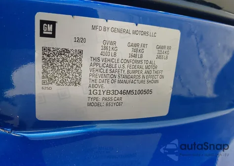 2021 Chevrolet Corvette Stingray Rwd 2Lt z USA, uszkodzony, nr VIN 1G1YB3D46M5100505